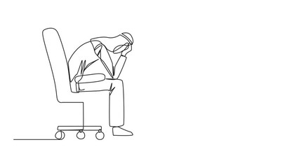 Poster - Self drawing animation of single one line drawing of Arabian businessman sits pensively on office chair and in front is a broken piggy bank. Failing to save to pay large bills. Full length animated