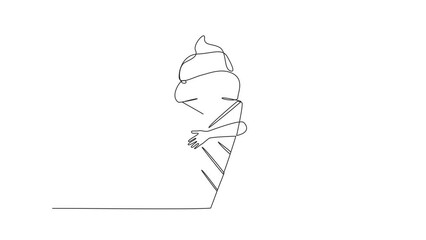 Wall Mural - Animation of one line drawing of single one line drawing human hands hugging ice cream. Snacks with high sugar are not good for health of body. first cones were produced in 1896. Full length motion