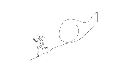 Poster - Animated self drawing of single continuous line drawing of young businesswoman runs down hill while being chased by rolls paper bills. Chased by ever-growing bills. Full length single line animation