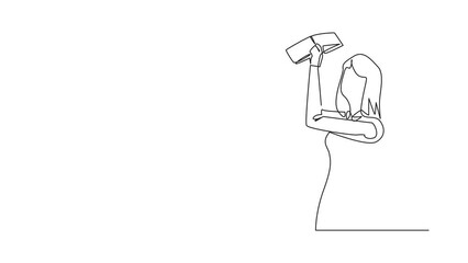 Poster - Animation of one line drawing of single continuous line drawing of businesswoman stood holding and turning an empty wallet. Woman who go bankrupt in running a business. Full length motion