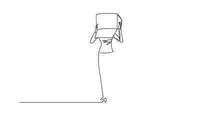 Poster - Animated self drawing of continuous one line drawing businesswoman stood up and covered head with cardboard box. Businesswoman embarrassed because unable to pay. Full length single line animation