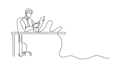 Poster - Animation of one line drawing of continuous one line drawing of businessman sitting in work chair holding roll billing paper. Monthly recurring. Employee salary bills and payments. Full length motion