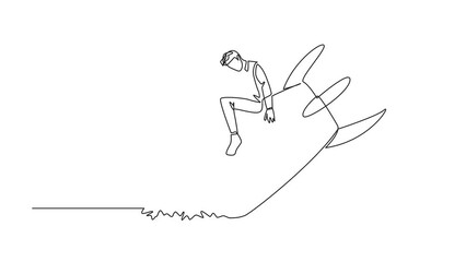 Poster - Animated self drawing of continuous one line drawing of businessman sits downcast on a swooping rocket stranded and stuck at ground level. new business was destroyed. Full length single line animation