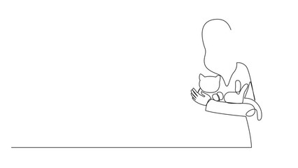 Poster - Self drawing animation of continuous one line drawing of young Arabian woman holding a cuddle funny cat in front of her chest. Happy woman stroking cat. Love animals with heart. Full length animated