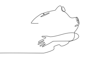 Poster - Self drawing animation of continuous one line drawing of hands hugging piggy bank. Saving in the present for life in the future. The concept of concern for financial future. Full length animated