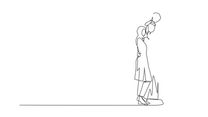 Poster - Self drawing animation of Single continuous line drawing of Arabian woman hug her handsome husband who is holding their little cute son on shoulders hug. Arabian family concept. Full length animated