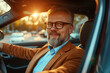 likeable businessman with suit and beard sits in the car at the steering wheel and smiles into the camera - topic company car and driver's license