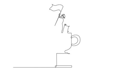 Poster - Self drawing animation of continuous line drawing young businesswoman standing on giant trophy. Raising flag as victory for business achievement. Determination for career success. Full length animated