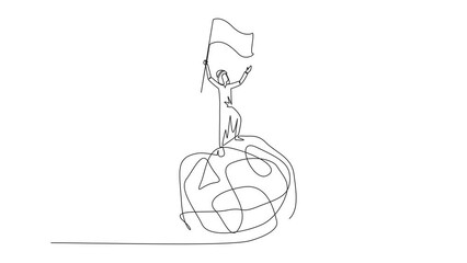 Poster - Animation of one line drawing of single continuous line drawing of young Arabian businessman standing on giant tangled circle. Raising flag on his hand. Businessman who manage. Full length motion