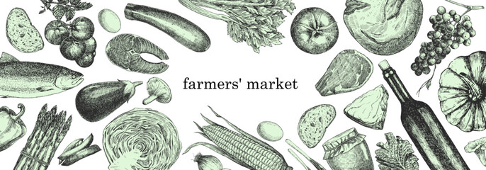 Wall Mural - Farmers' Market. Hand-drawn illustration of Food. Ink. Vector	