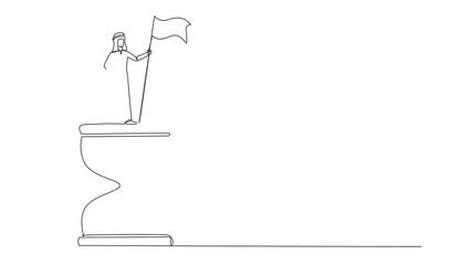 Poster - Self drawing animation of single one line drawing of an Arabian businessman standing on a giant hourglass holding the flag. Business strategy related to time management. Full length animated