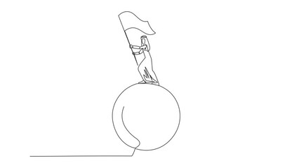 Poster - Self drawing animation of continuous one line drawing of Arabian businessman standing on giant arrow target board raising flag. Focus on targets, success will be achieved. Full length animated