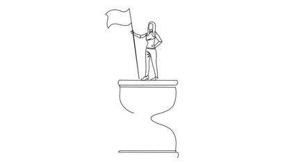 Poster - Self drawing animation of continuous line drawing businesswoman standing on giant hourglass holding flag. Business strategy related on time. Businesswoman who can manage times. Full length animated