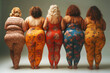 Group of fat multi ethnic plus size women in tight clothes, fashion models of different nationalities, fat obese body, back view, weight loss concept