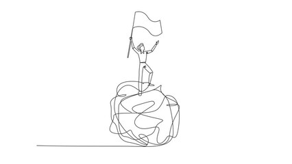 Poster - Animation of one line drawing of young businessman standing on a giant tangled circle. Raising a flag on his hand. Full length single line animation