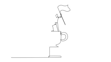 Poster - Animation of single line drawing young businessman standing on a giant trophy. Raising flag as victory for business achievement. Full length motion