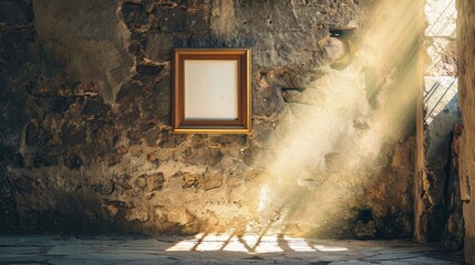 Wall Mural - Blank antique wooden picture frame hangs on an old stone wall with sunbeams