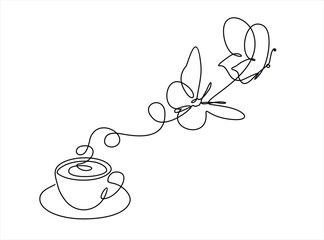 Wall Mural - One continuous line drawing of cup coffee with butterfly. Minimalist silhouette concept breakfast for cafe menu and web banner in simple linear style. Vector illustration