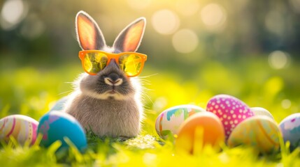 Wall Mural - funny Easter bunny with sunglasses and colourful Easter eggs sits in the grass