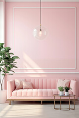 living room with light pink walls, baseboard, sofa, plants, white lamp, and floor