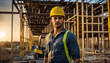 A young handsome construction worker wearing yellow helmet supervision architect plan site