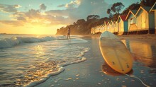 The First Rays Of Morning Light Cast A Warm Glow Over A Sandy Beach, Highlighting A Vintage Surfboard And Colorful Beach Huts.