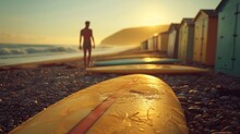 The First Rays Of Morning Light Cast A Warm Glow Over A Sandy Beach, Highlighting A Vintage Surfboard And Colorful Beach Huts.