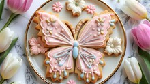 super cute butterfly-shaped linzer cookies on the plate. it shines in pastel, light, cheerful colors with some flower decorations