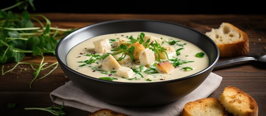 Sticker - A bowl of soup, bread, and greens on side