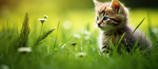 Wall Mural - A small kitten sitting in the green grass