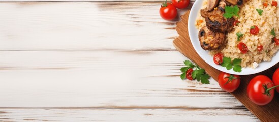 Sticker - A close up of a bowl of rice with tomatoes and meat