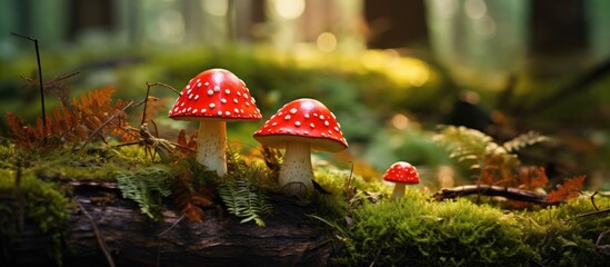 Poster - Mushrooms on a log in a forest with moss and ferns