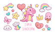 Kawaii Baby Dinosaur Unicorn with elements in pastel color style vector set. Cute cartoon Pink Dinosaur Unicorn with funny kawaii ice cream, cloud, rainbow, heart, happy star etc for pattern design