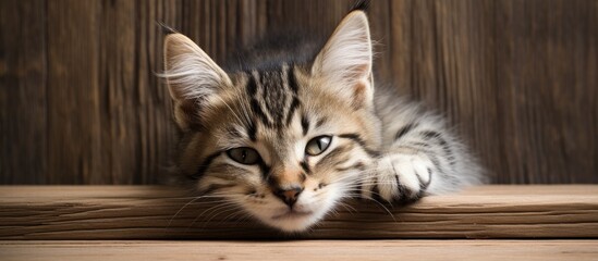 Wall Mural - A cat lounging on a wooden surface