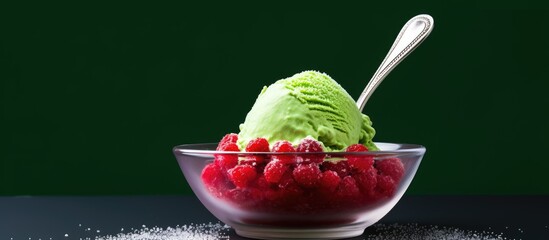 Poster - A bowl of ice cream and raspberries on a table