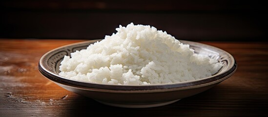 Sticker - Bowl of rice on a wooden table with a dark background