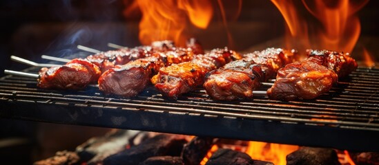 Wall Mural - Grilled meat on skewers over open flames