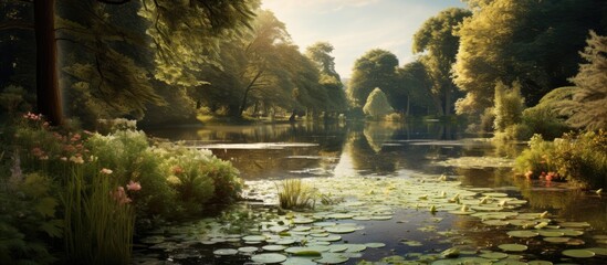 Poster - Scenic pond with water lilies and surrounding trees