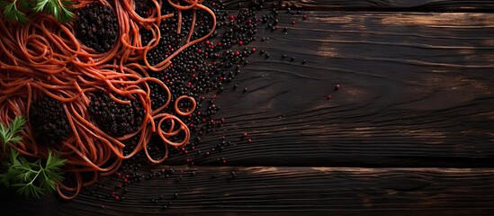 Sticker - A Close Up of Red and Black Food on a Wooden Table