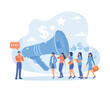© berkah design - People listen to announcements from microphones. Entrepreneurs attract investors with online marketing. Promotion concept. Flat vector illustration.