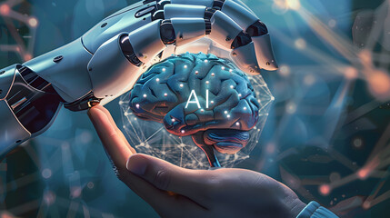 Poster - a robot's hand on top and a human's hand on the bottom are holding a ball of neurons, there is a bra