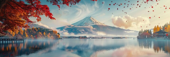 Wall Mural - mountain with morning fog and red leaves at lake, outdoor scenery in nature