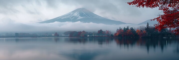 Wall Mural - autumn season at mountain with morning fog and red leaves at lake, serene landscape