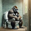 Gorilla der auf der Toilette sitz im Badezimmer