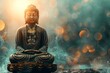 Serene Buddha statue meditating with a soft smoke, mystical orange and teal bokeh background