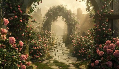  A charming garden path, decorated with blooming roses, illuminated by soft sunlight, inviting you on a journey to the beauty of nature
