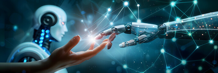 Poster - ai, machine learning, hands of robot and human touching on big data network connection and dollar cu