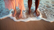Diverse Family Feet Together in Ocean Wave on Sandy Beach