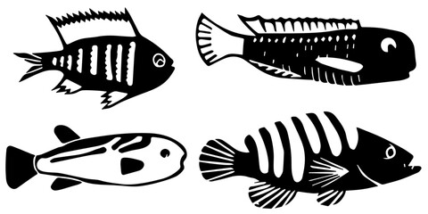 Poster - A selection of silhouettes of fish. Black silhouettes of fish.