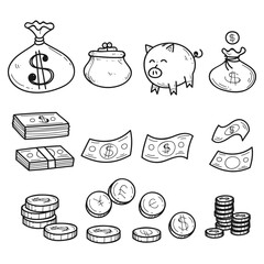 Aufkleber - Money banknotes, coins, wallet, piggy bank. Dollars and cents silhouettes.